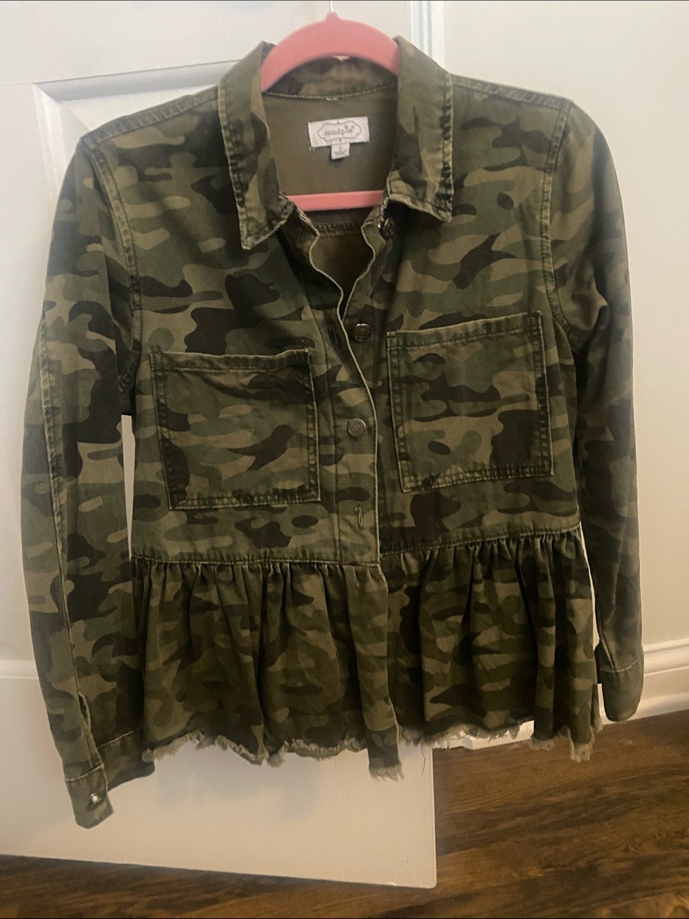 Mud Pie Camouflage Peplum Jacket in Olive Camo